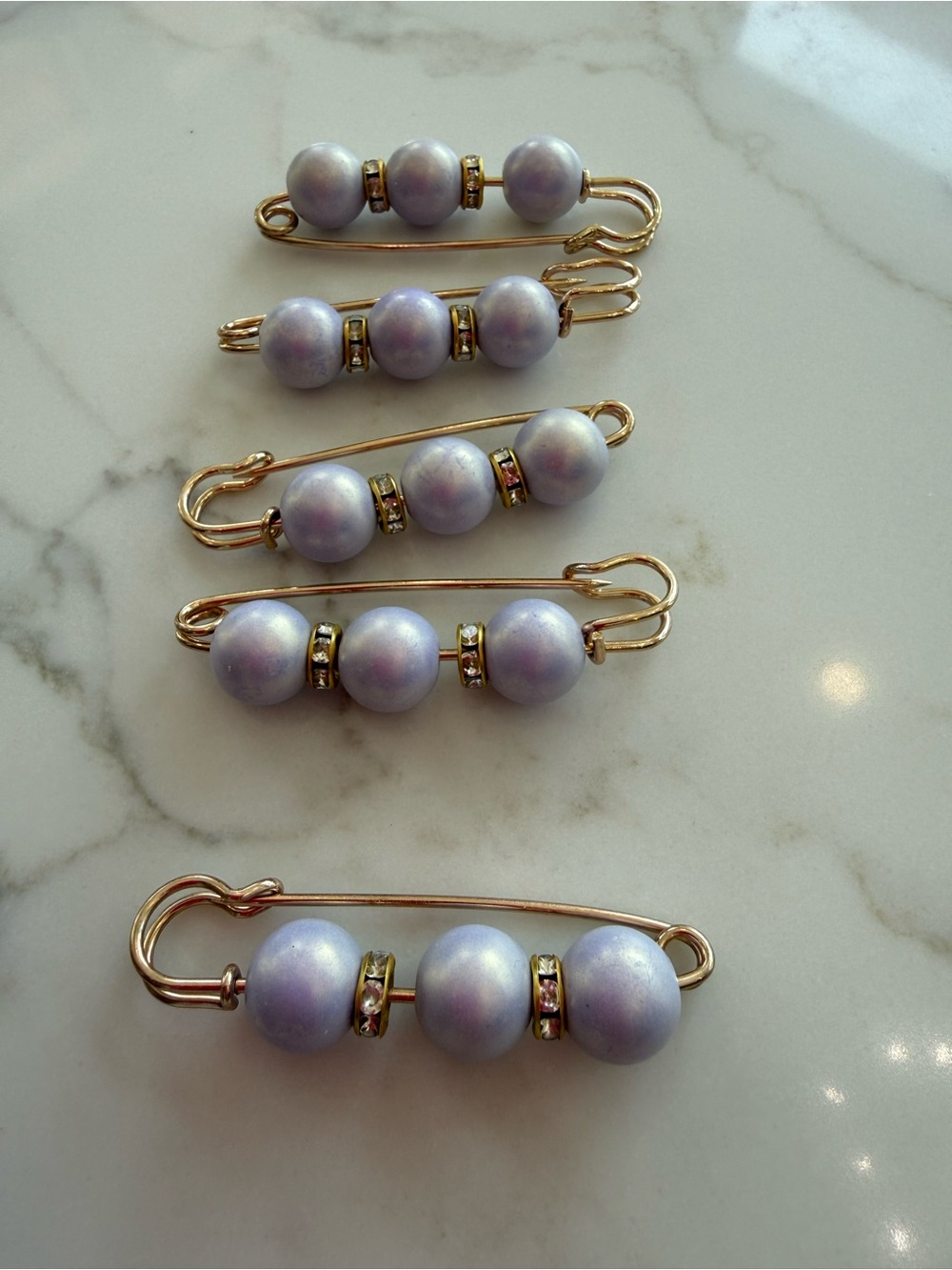 Handmade Gold Brooch Set with Lavender Pearlescent Beads